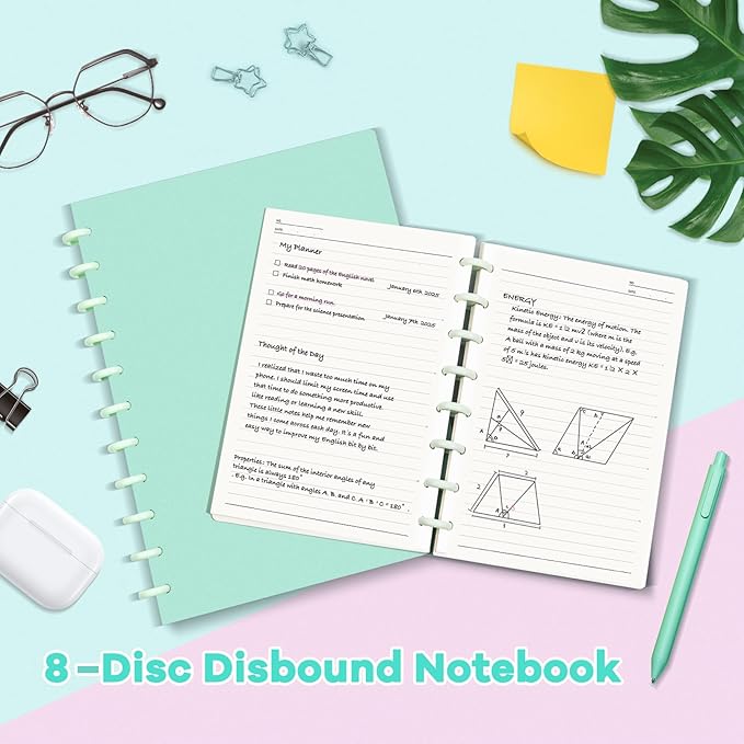 Discbound Notebook, 8-Disc Disbound Planner with Removable Pages, 180 Pages Spiral Notebook, Poly Cover Discbound Planner for Work, Travel, Note Taking(With Index Sticker),Green,A5