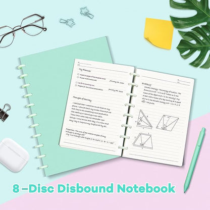 Discbound Notebook, 8-Disc Disbound Planner with Removable Pages, 180 Pages Spiral Notebook, Poly Cover Discbound Planner for Work, Travel, Note Taking(With Index Sticker),Green,A5