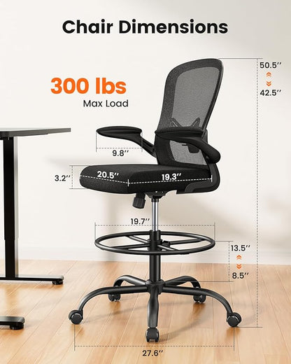 ErGear Drafting Chair, Standing Desk Chair with Flip-Up Armrests, High Desk Chair Adjustable Height, Ergonomic Tall Office Chair with Lumbar Support and Adjustable Footrest Ring