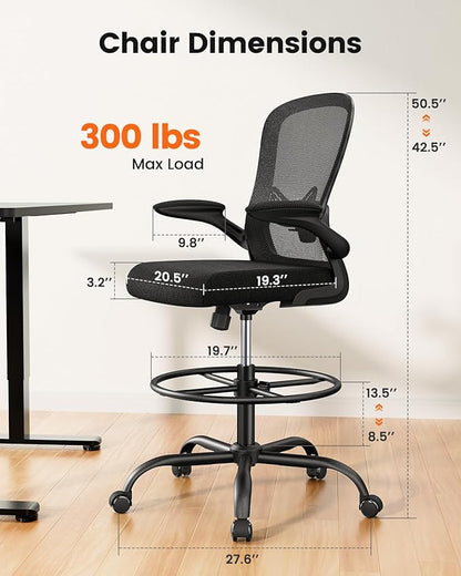 ErGear Drafting Chair, Standing Desk Chair with Flip-Up Armrests, High Desk Chair Adjustable Height, Ergonomic Tall Office Chair with Lumbar Support and Adjustable Footrest Ring