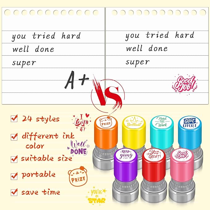 Yinder 24 Pcs Teacher Stamps for Classroom Self Inking Classroom Stamps Bulk for Teachers Elementary Colorful Motivational Encouraging Gifts(Modern)