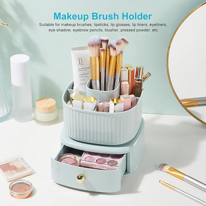 360 Degree Rotation Pencil Holder 5 Slots Pencil Holder with Drawer for Desk Makeup Brush Holder Desktop Organizer Storage Box Light Green