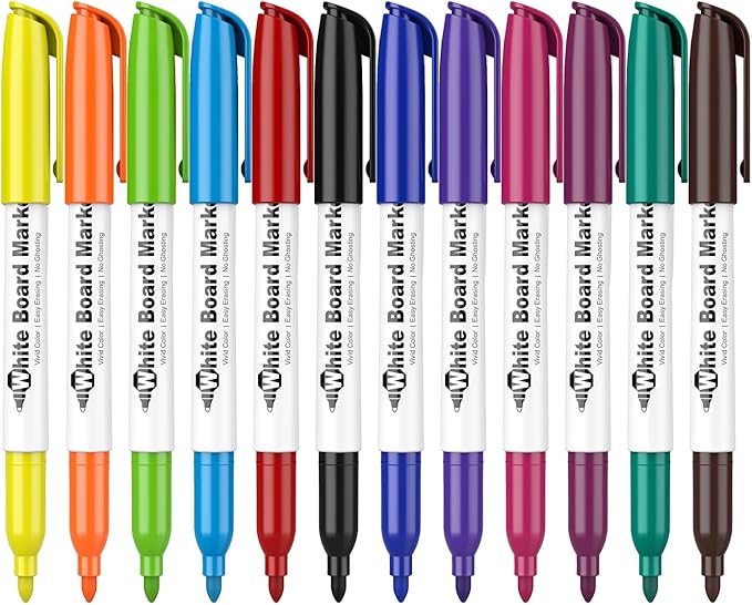 Fine Tip Dry Erase Markers - 12 Pack Colored Whiteboard Erasable Markers Bulk for Kids Adults, Ideal for Classroom School Office Home Use on White Board, Non-Toxic Easy Clean