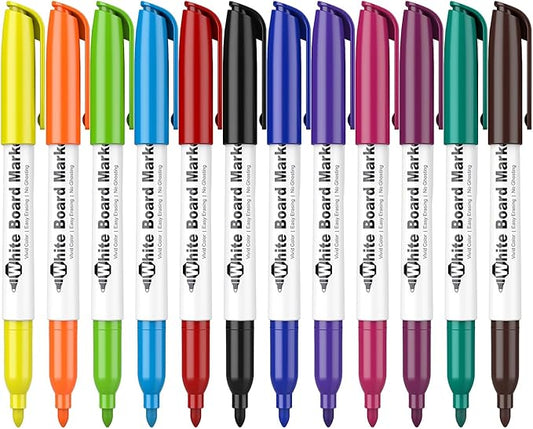 Fine Tip Dry Erase Markers - 12 Pack Colored Whiteboard Erasable Markers Bulk for Kids Adults, Ideal for Classroom School Office Home Use on White Board, Non-Toxic Easy Clean