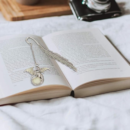 2 Pack Feather Metal Bookmark with Luminous 3D Butterfly Pendant & Dragon, Unique Glow in The Dark Bookmark Gift for Men Women (Dragon & Butterfly)
