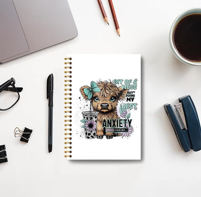 Bit of a Mess Anxiety Funny Highland Cow Notebook - Western Cow Notebook, Highland Cow Office Supplies, Highland Cow Gifts, Cow Lover Gifts, Cute Cow Stuff, Cow Spiral Notebook 5.5x8.3