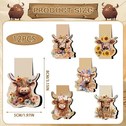 Highland Cow Magnetic Bookmark - 12 Pcs Funny Animal Bookmarks Magnetic Floral Book Mark Magnets Cute Cow Magnets Bookmark Page Clip Gift for Book Lovers Students Teacher Reading Book Marks