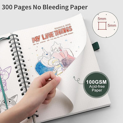 EMSHOI Spiral Notebook B5 Bullet Dotted Journal, Dotted Grid Notebook with 300 Pages, 100gsm Thick Paper, 7.48" × 10.15", Waterproof Softcover Notebook for School Work Writing - Dark Green