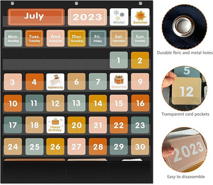 REGELETO Boho 46+3 Pockets Calendar Pocket Chart with 92 Cards for Classroom,Large Size: 28.75 x 24 inch Black Monthly Calendar and Weather Pocket Chart for Kids Learning for Home or Kindergarten
