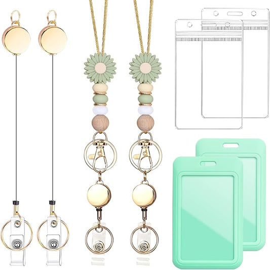Colorful ID Badge Holder with Silicone Beads Lanyard Set,Cute Teacher Breakaway Lanyard for Keys & Keychain with Cute Retractable Badge Reel Holder,Gift for Women,Nurse, Teacher. (Daisy 2)
