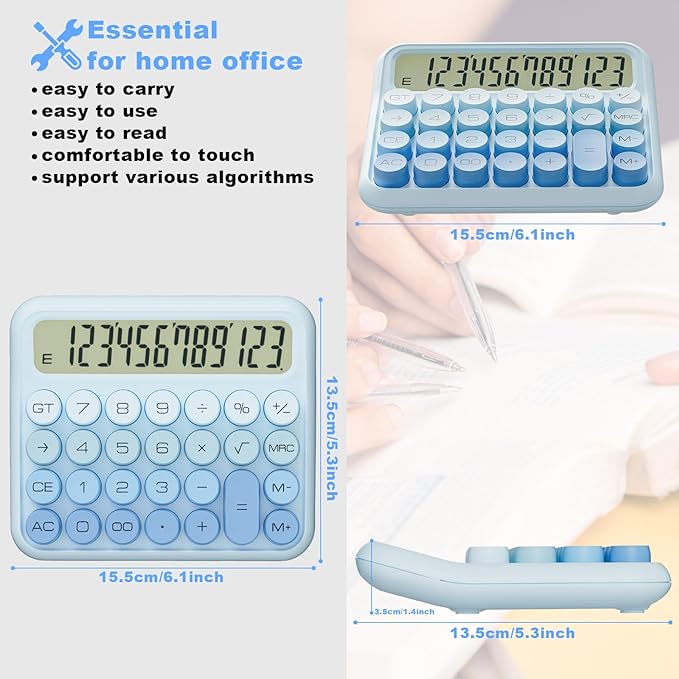 Mechanical Calculator 12 Digit Extra Large 5-Inch LCD Display, DECKLIT Battery Desk Calculator, Big Buttons Easy to Press Office Calculators Desktop, 15°Tilt Screen for Kids Calculator(Ice Blue)