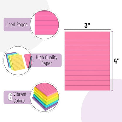 Mr. Pen Lined Sticky Notes - 3x4, 6 Pads, 60 Sheets/Pad, Vibrant Colors