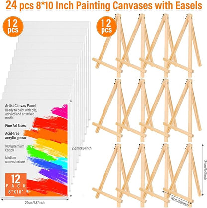 Canvas Painting Party Kit for Adults and Kids, 24Pack 8 x 10 Inch Canvas Boards and Wooden Easels Stands for Group Painting Sip and Paint Night
