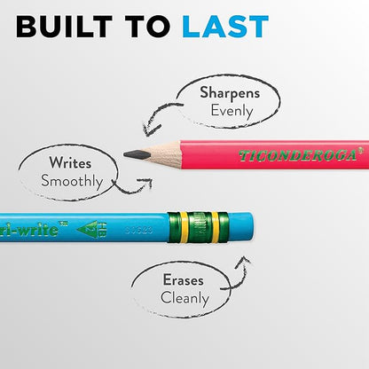 Ticonderoga My First Tri-Write Wood-Cased Pencils with Sharpener, Pre-Sharpened, 2 HB, With Erasers, Neon Colors, 2 Count, 6 Packs