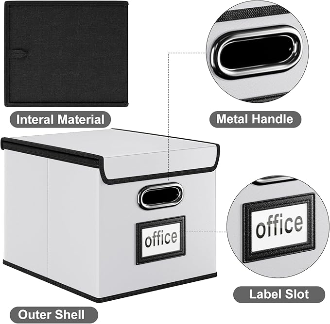 Huolewa Upgraded File Organizer Box with Lid, Collapsible Faux Leather Hanging File Folder Box Organizer with Plastic Slides, Decorative Home/Office Filing System Box for File and Folders Storage