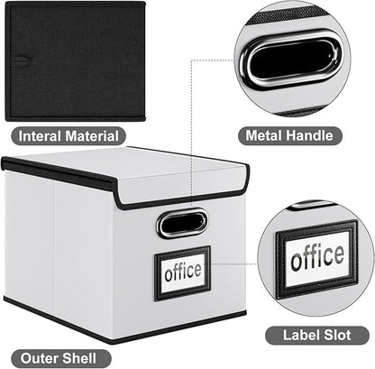 Huolewa Upgraded File Organizer Box with Lid, Collapsible Faux Leather Hanging File Folder Box Organizer with Plastic Slides, Decorative Home/Office Filing System Box for File and Folders Storage