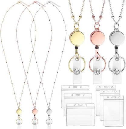 Lanyards for Id Badges 3 Pack Badge Lanyard with 6 Pcs Id Badge Holder Retractable Stainless Steel Teacher Lanyards Cruise Ship Lanyards for Girl Women (Silver, Gold, Rose Gold)