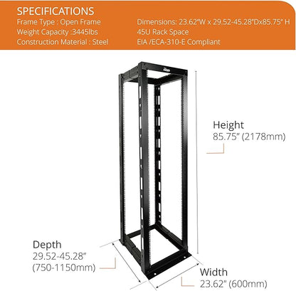 45U Open Frame Server Rack,4-Post Adjustable Depth 23.6 inch-39.3 inch Frame Rack,Professional It Rack for 19 inch Computer/AV/Data/IT Equipment,Square Hole