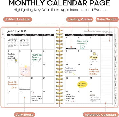 2026 Planner, Weekly and Monthly Calender Planner, Jan 2026 to Dec 2026, Hardcover 2026 Calendar Planner Book with Tabs & Inner Pocket, Office Home School Supplies for Women & Men - A5 (6.3" x 8.5"), Pink