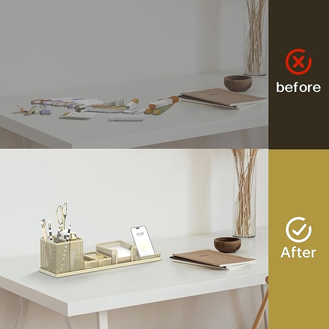 SUPEASY Pen Holder for Desk, 6 Piece Mesh Desk Organizer set, Desk Accessories for Office Organization with Mail Organizer, Letter Phone Holder, Sticky Notes Caddy Storage, Golden Yellow