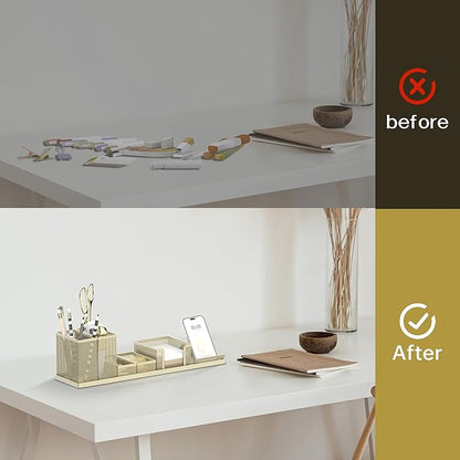 SUPEASY Pen Holder for Desk, 6 Piece Mesh Desk Organizer set, Desk Accessories for Office Organization with Mail Organizer, Letter Phone Holder, Sticky Notes Caddy Storage, Golden Yellow