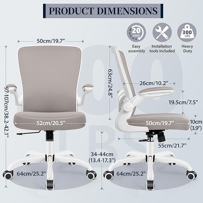 FelixKing Office Chair, Ergonomic Desk Chair with Adjustable Height and Lumbar Support Swivel Chairs, Desk Computer Chair with 90°Flip up Armrests for Conference Room (Gray)