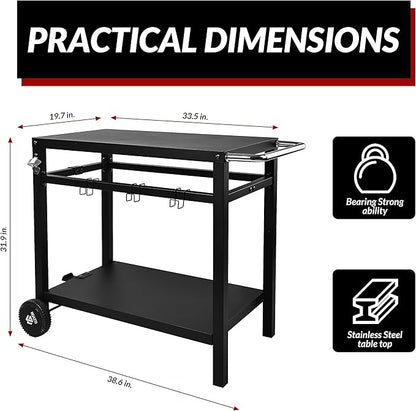 Elevon Dining Cart Table with Double-Shelf, Movable Steel Flattop Worktable, Hooks, Side Handle, Multifunctional