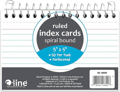 C-Line 3” x 5” Spiral Bound Index Card Notebook, Ruled, 50/PK (48809)