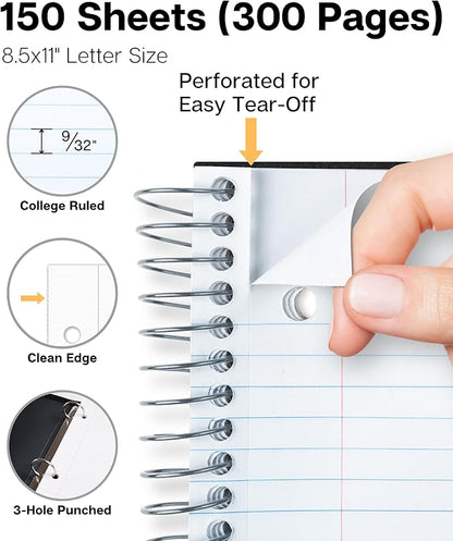 Dunwell 3-Subject Notebook College Ruled (Black), Spiral Notebook 8.5 x 11, Plastic Cover, 3 Pocket Dividers, 150 Sheets (300 Pages), 3-Hole Punched Perforated 8 1/2 x 11 Paper
