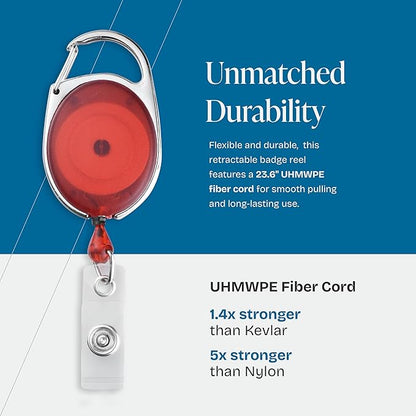 Will Well ID Badge Holders with Clip and Keyring - Vertical Clear Plastic 3.7" x 2.5" Sleeves Fit Up to 3 Cards - Retractable 24" UHMWPE Fiber Pull Cords - 2-Pack, Transparent Red Reels