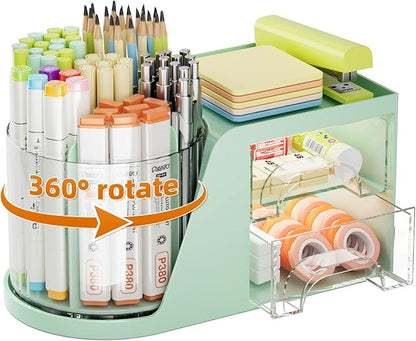 Marbrasse Desk Organizer with 2 Drawer, 360°Rotating Pen Holder for Desk, Desk Organizers and Accessories with 6 Slots Pencil Organizer + 2 Drawer, Art Supply Storage Box Caddy for Office (Green)
