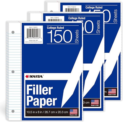 Kaisa3 Pack Notebook Paper College Ruled 3-Hole Punched Loose Leaf Paper 8x10.5 Lined Paper College Ruled Filler Paper for 3-Ring Binder Paper 150 Sheets/Pack (3 Pack-college) F15001C-3pk