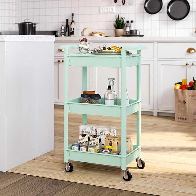 3-Tier Utility Rolling Cart with Cover Top Board, Mobile Utility Cart with Lockable Casters Multi-Functional Storage Trolley for Office, Bathroom, Kitchen, Garden, Laundry Room (Green)