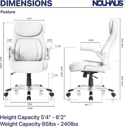 Nouhaus +Posture Ergonomic PU Leather Office Chair. Click5 Lumbar Support with FlipAdjust Armrests. Modern Executive Chair and Computer Desk Chair (White)