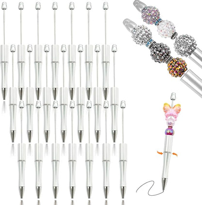 15 Pieces Beadable Pens - Beaded Pens Plastic Diy Black Ink Ballpoint Pens Bulk - Bead Pens Suitable For Teacher, Students, Office, School, Graduation Gift Supplies（Silver）