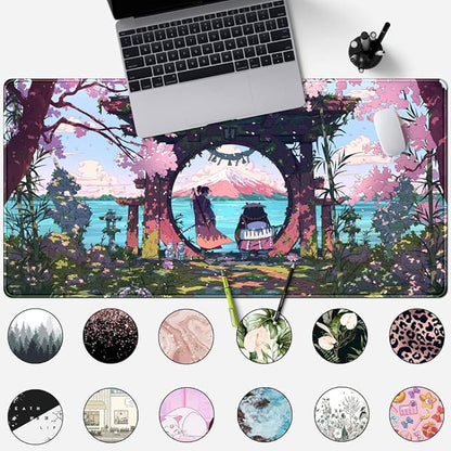 Pink Japan Desk Pad Anime Gaming Green Mouse Pad Large Mouse Pad For Desk Computer Pc Laptop Office Decor For Women, Anime Mouse Keyboard Pad Stitched Edges Non-Slip Rubber Mat Desk Pad (31.5x15.7 In)