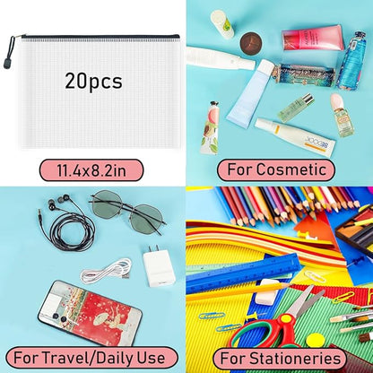 AUSTARK 20 Pcs Zipper File Bags, Plastic Mesh Pouch, Board Game Storage Bag, Waterproof Bags for Office School (B5 Size 11.4''x8.2'', White and Black)