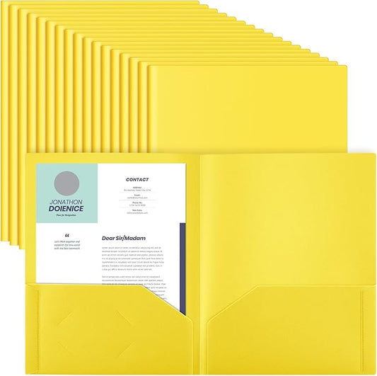 Gueevin 50 Pcs Plastic Folders with Pockets, Two Pocket Folder Fit Letter Size, Heavy Duty School Business Card Holder for Home Office School Bussiness, 11.61 x 9.45 Inches (Yellow)