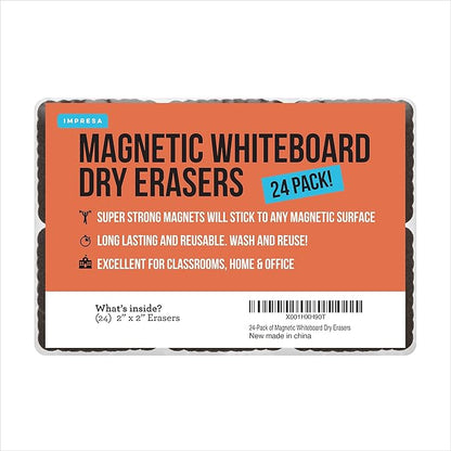 IMPRESA 24-Pack of Premium Magnetic Dry Erase Erasers/Dry Erasers - 2" x 2" - Whiteboard Erasers for Classroom, Home and Office