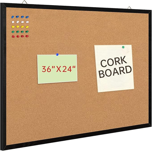 Miou Cork Board Bulletin Board, 36in X 24“ Decorative Hanging Pin Board for Wall with Black Wood Frame, 50 Push Pins Included…, 36inX24in Black…