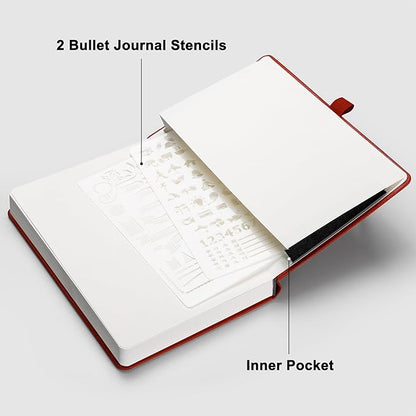 RETTACY Bullet Dotted Journal, A5 Dotted Notebook Journal with 192 Pages, 5.7'' × 8.3'', Medium Size, 100 GSM Thick Paper, Leather Hardcover, Bullet Journaling, Planning (Red)
