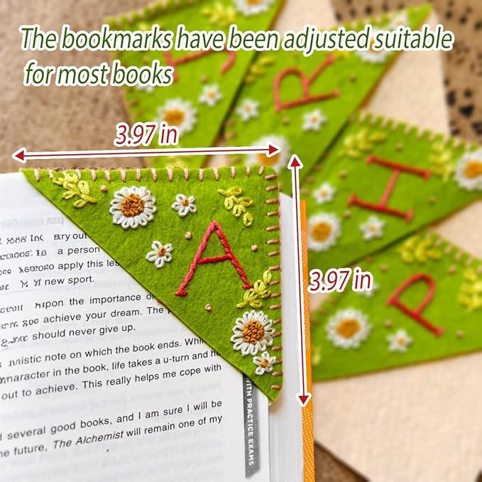 Personalized Hand Embroidered Corner Bookmark, Bookmarks for Women, Personalized Bookmark for Book Lovers, Cute Flower Book Mark by HNQCPCVU (P, Green)