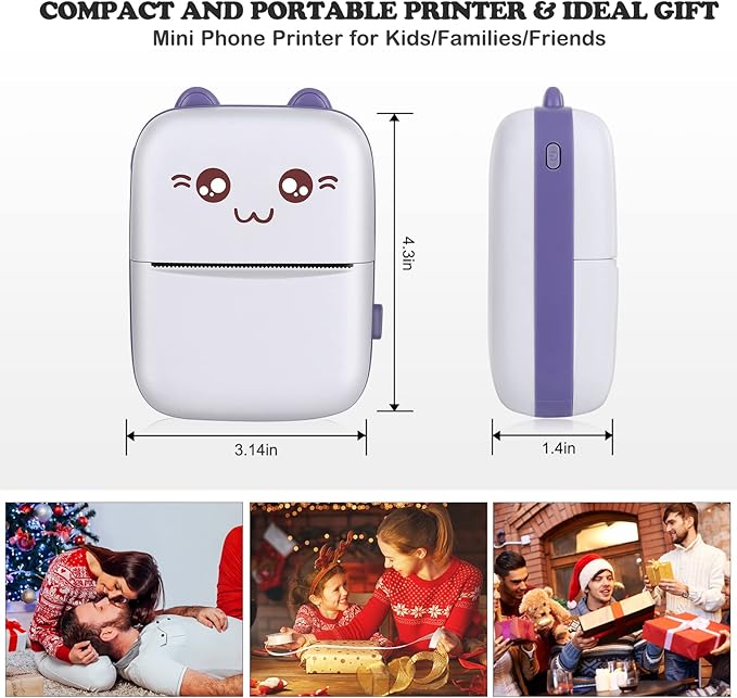 Mini Printer, Mini Printer with Stickers, Portable Inkless Thermal Printer with 10 Rolls Paper, Study Printer for Notes, Journal, DIY, Kids Gift, Compatible with Android & iOS