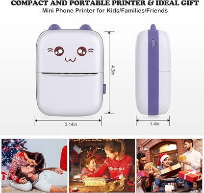 Mini Printer, Mini Printer with Stickers, Portable Inkless Thermal Printer with 10 Rolls Paper, Study Printer for Notes, Journal, DIY, Kids Gift, Compatible with Android & iOS