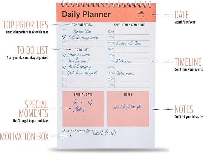 Daily Planner Notebook, To Do List Notepad, Spiral Notebook, Undated-52 Sheets-6.5" x 9.8" Checklist, Notebooks for Work, Personal Organizer Notepad, Daily Task Notebook (Orange)