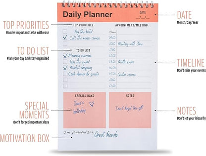 Daily Planner Notebook, To Do List Notepad, Spiral Notebook, Undated-52 Sheets-6.5" x 9.8" Checklist, Notebooks for Work, Personal Organizer Notepad, Daily Task Notebook (Orange)