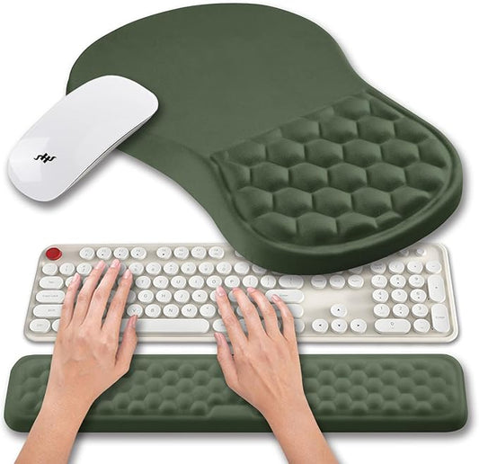 Hokafenle 2 in 1 Ergonomic Mouse Pad Wrist Support & Wrist Rest for Computer Keyboard Set, with Relieve Carpal Tunnel Pain Massage Bulge and Full Memory Gel Design (2In1 Set, Dark Green)