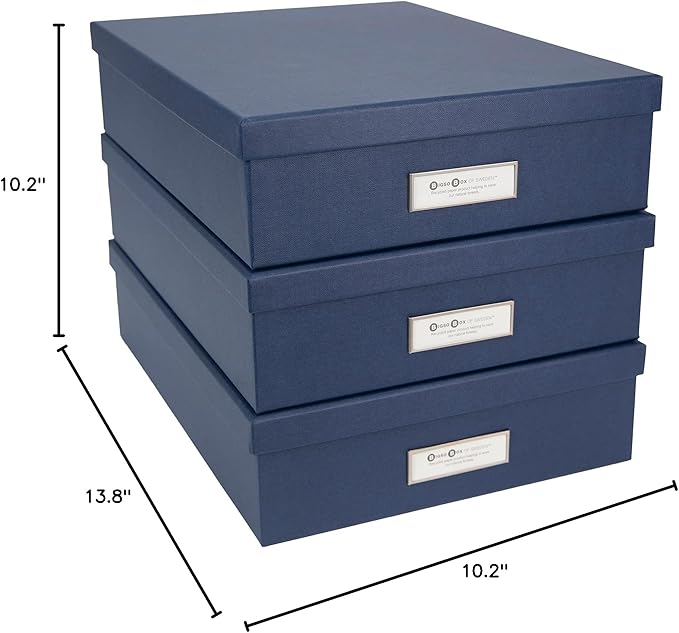 Bigso Box of Sweden Oskar Fiberboard Label Frame Document Letter Box | File Organizer for Important Paperwork | Document Storage with a Lid & Label Window | 3.3"x10.2"x13.8" | 3 Pack | Dark Blue
