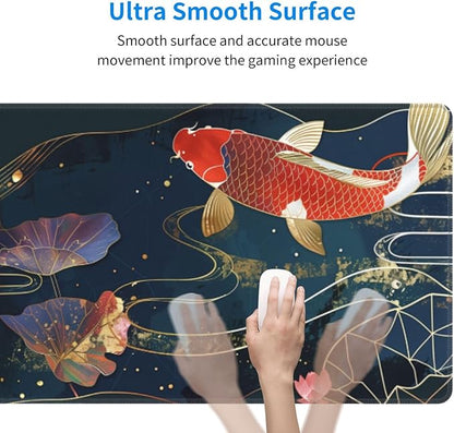 Gaming Mouse Pad Desk Pad,Extended Big Mouse Pad,31.5x11.8 Inch Long Computer Keyboard Mouse Mat Mousepad with 3mm Non-Slip Base and Stitched Edge for Gaming and Office… (koi)