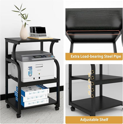 Natwind 3 Tier Printer Stand,Printer Table with Adjustable Storage Shelf, Rolling Printer Cart with Wheels for Home Office Organization,Multifunctional Shelves for Heat Press,3D Printer (Black)